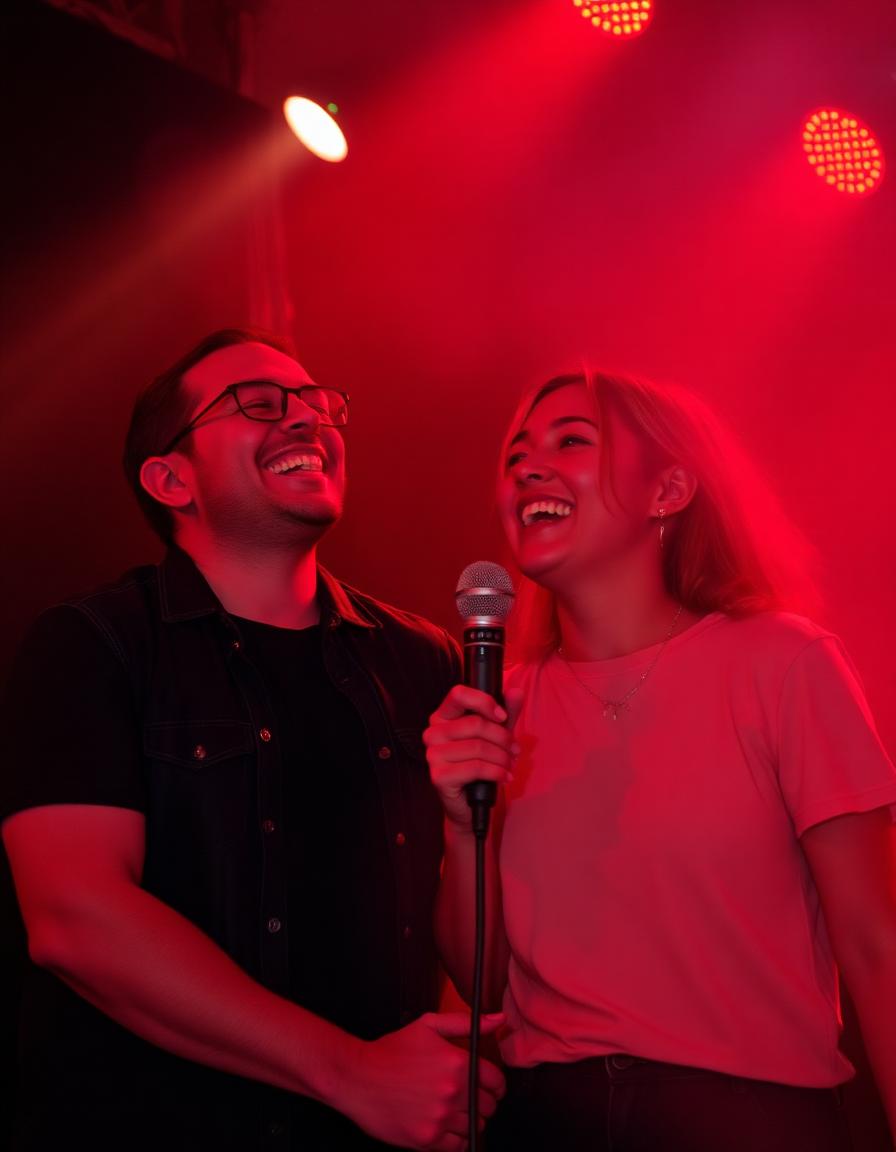 Friends sharing a microphone